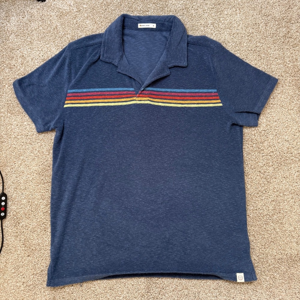 Marine Layer Polo Men M Blue Retro Stripe Terry Cloth Short Sleeve Casual